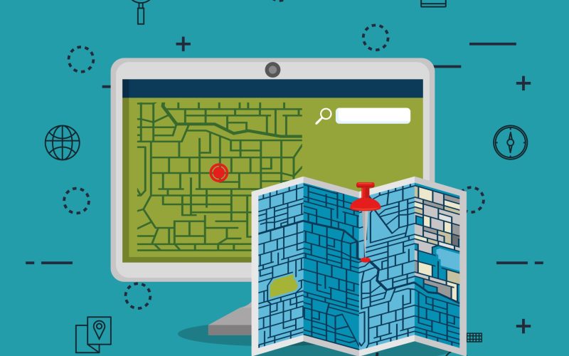 desktop computer with gps navigation software vector illustration design